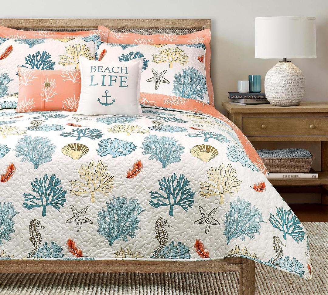 Lush Decor Coastal Reef Feather Reversible Quilt Set, 7 Piece Set, King, Blue & Coral - King Bedding Set Quilted - Coastal Decor - Beach House - Beachy Room