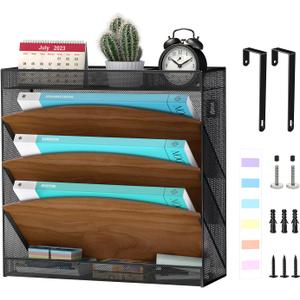 Wall File Organizer, Wood Wall File Holder, 5 Tier Vertical Hanging Wall File Organizer, 3 Pockets Wall Mount File Holder with Top and Bottom Flat Tray for Office School Home, Black