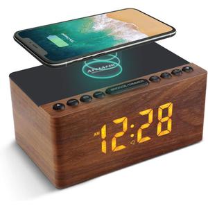 ANJANK Wooden Digital LED Alarm Clock FM Radio, Fast Wireless Charger Station for iPhone/Samsung Galaxy, 5 Level Dimmer, USB Charging Port, 9 Sounds, Sleep Timer for Bedroom, Bedside, Desk (Brown)