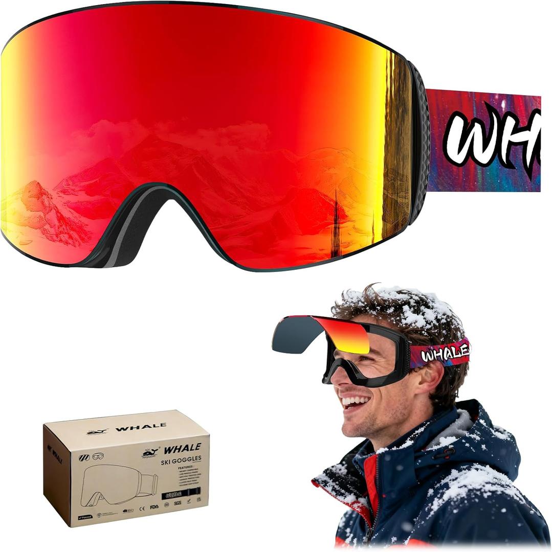 Whale Magnetic Flip-up Ski goggles, eyewear-style goggles For Men, Women And teenagers - 100% UV Protection (Red Polarizer, Child/6-14)