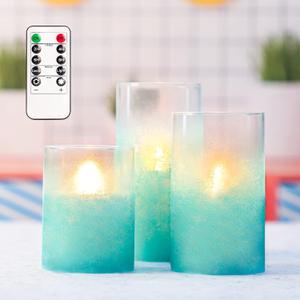 Crystal Club Flickering Flameless Candles with Timer, Real Wax Glass Effect Sandblast Candles, Battery Operated Ocean Theme LED Candles with Remote for Bathroom, Bedroom, Table Decoration