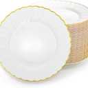 Coloch 50 Pack Gold Plastic Plates, 6 Inch White with Gold Rim Round Disposable Appetizer Dessert Plates for Wedding, Buffet, Party, Catering