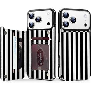 TopPerfekt for iPhone 17 Pro Wallet Case with Card Holder, Military-Grade Drop Protection, Flip PU Leather Built, Double Magnetic Clasp Durable Shockproof for iP17 Pro 6.3Inch Cover-Stripes BlackWhite