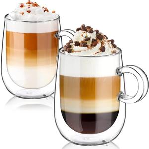 Glastal Double Walled Glass Coffee Mugs 12 oz, Cappuccino Cups Set of 2, Clear Glass with Handle, Insulated Borosilicate Double Wall Latte Coffee Mugs Milk Tea Cup, German Quality