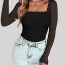 Chunpin Women's Square Neck Bodysuit Ruched Top Mesh Long Sleeve Bodysuits Thong Body Suits Leotard Shirt Going Out S