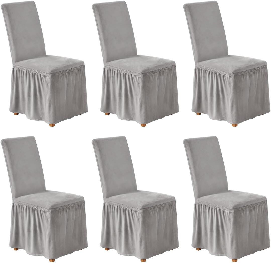 NICEEC Spandex Chair Covers for Dining Chairs Covers Set of 6 Removable Dining Room Chair Covers with Skirt Parson Chair Slipcovers Washable Chair Protector for Kitchen Wedding Party(Light Grey)