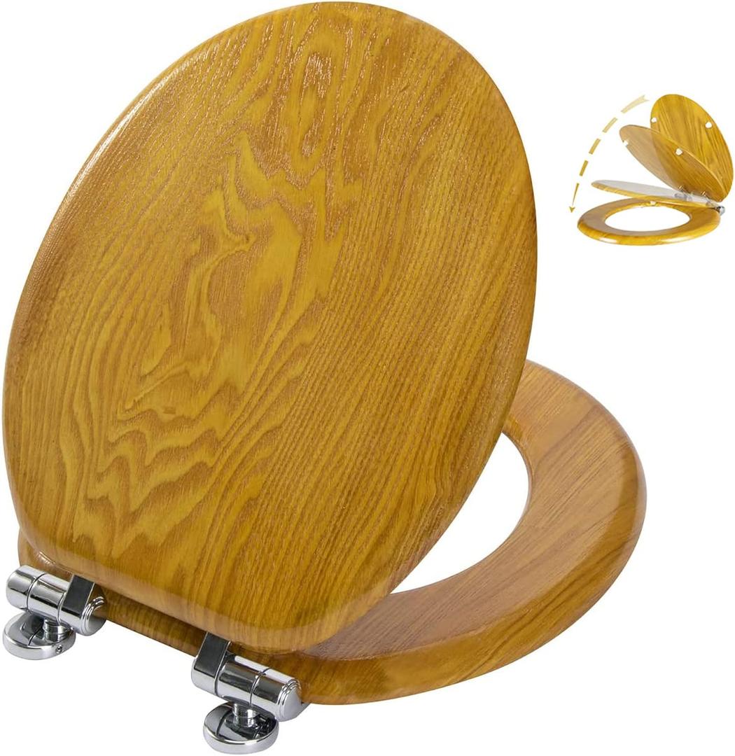 Angel Shield Wood Veneer Natural Toilet Seat with Quiet Close,Easy Clean,Quick-Release Hinges(Round,Oak)