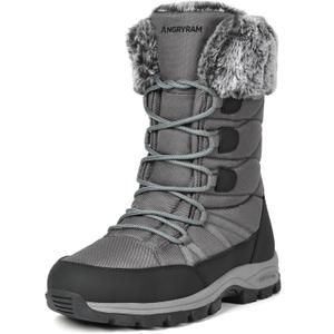 ANGRYRAM Winter Steel Toe Boots for Women Warm Insulated Non Slip Snow Boots Comfortable Work Shoes Mid Calf Faux Fur Furry Snow Shoes for Industry Construction Outdoor Winter (7.5, Grey)