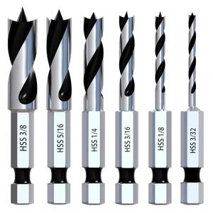 Stubby Brad Point Wood Drill Bit Set, 6pcs Hex Shank Short Length Drill Bit Set with Double Flutes Design for Carpenter Woodworking and All Types of Wood (3/32" - 3/8")