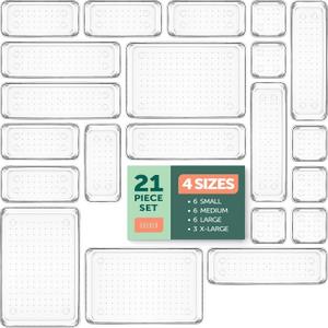 Ruboxa Clear Plastic Drawer Organizers Set, 4 Sizes Clear Drawer Organizers & storage Bins for Makeup/Jewelry Vanity, Kitchen Gadgets Or Office Desk. Bathroom Drawer Organizer Trays With Non-Slip Pads 20 Pcs