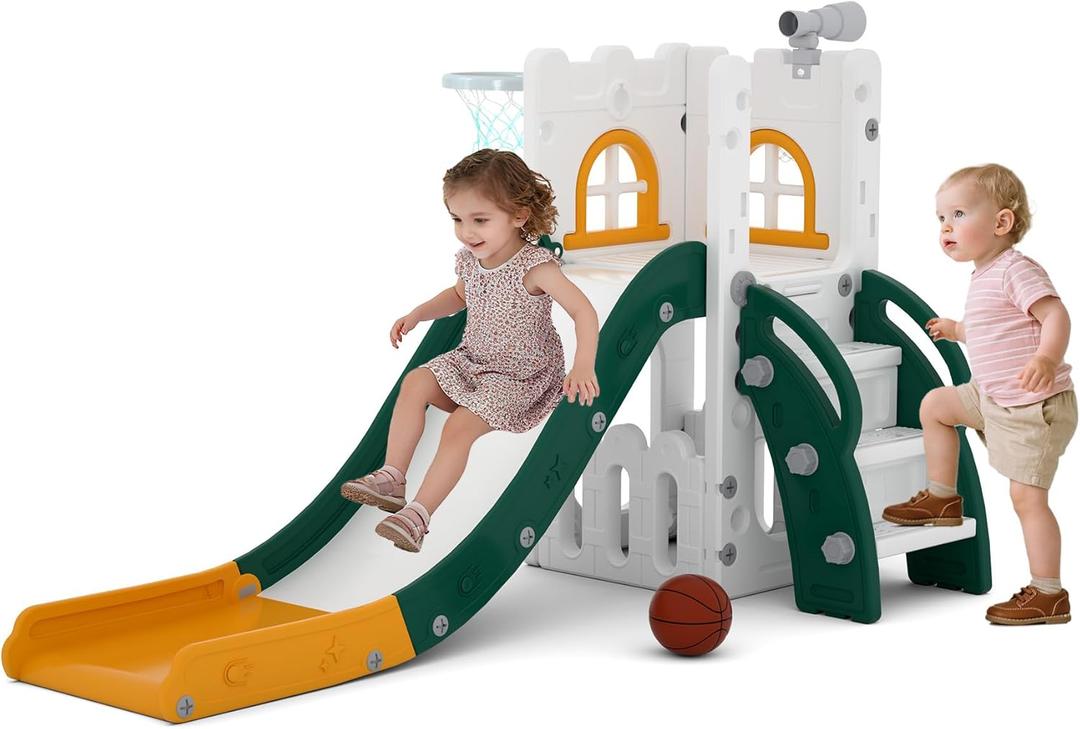 6 in 1 Toddler Slide,Kids Playset for Toddlers Indoor Outdoor, Baby Slide with Basketball Hoop, Telescope & Storage Space,Non-Slip Steps for Great Gift (Green)