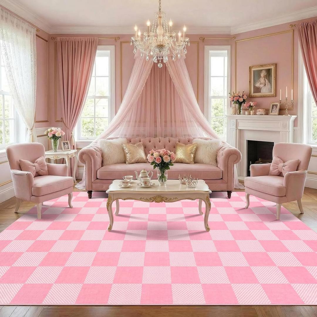 GarveeHome Checkered Pink 9x12 Area Rug for Living Room Bedroom