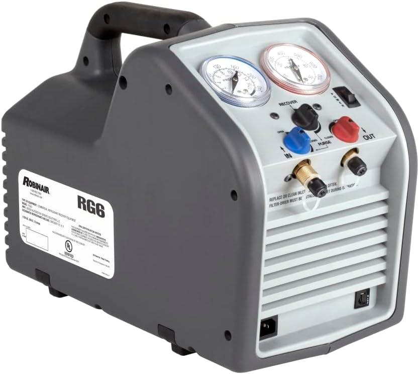 Robinair RG6 Portable Liquid and Vapor Refrigerant Recovery Machine
Designed and Built for High Speed Recovery and Compatible with Common CFC, HFC, HCFC Refrigerants Including R-410A