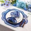 Breling 6 Pcs Navy Blue Wedding Placemats Scalloped Embroidered Cotton Linen Placemats 17" x 13" Double Layered Machine Washable Table Place Mat for Party Table Decor (Cotton)