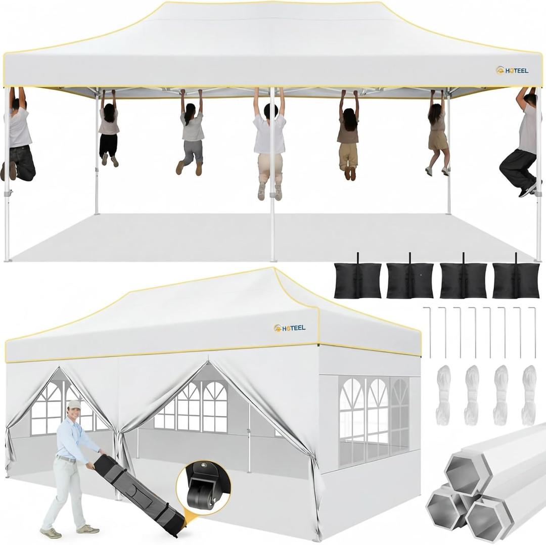 Hoteel 10x20 Pop Up Canopy Tent Heavy Duty with 6 Sidewalls, Waterproof Party Tent, Easy Set-up Commercial Instant Tents with Roller Bag & Sandbags, Hexagonal Leg