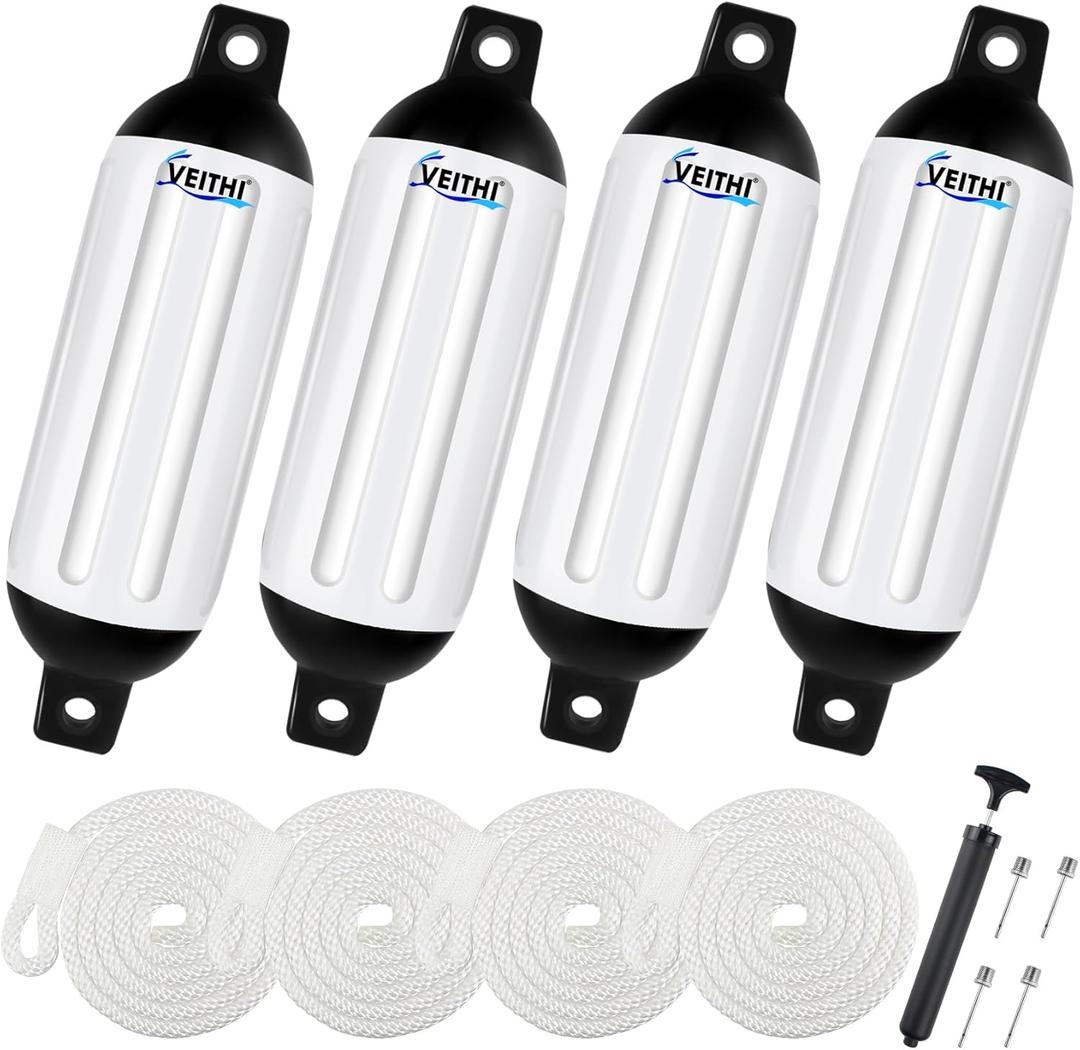 VEITHI Large Boat Fenders 4 Pack 10 x 30 in, Ribbed Twin Eyes Vinyl Boat Bumpers Fenders, Boat Bumpers for Docking Come with Ropes Needles and Pump to Inflate, Pontoon Boat Fenders for Docking White/Black