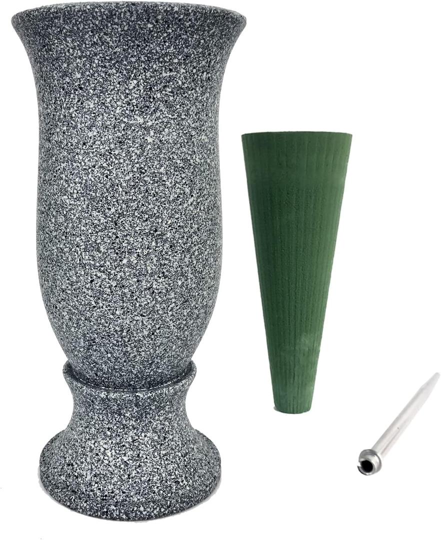 Grave Decorations for Cemetery Vase for Flowers with Stakes and Floral Foam, Draining Holes - for Garden, Grave,Cemetery,Lawn, Yard - Memorial Grave Decorations - Nature Granite Colour (A-4 Grey)
