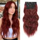 NAYOO Wine Red Hair Clip Extension for Women 4PCS Thick Hairpieces Long Wavy Natural Synthetic Clip in Hair Extensions20 inch, Wine Red