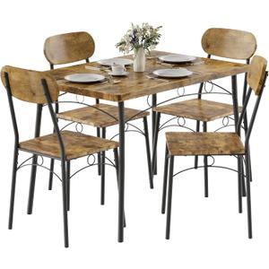 VECELO Dining Table Set for 4, 5-Piece Kitchen Table with 4 Chairs, MDF Board Tabletop with Metal Frame for Small Space, Compact Dinette, Breakfast Nook, Brown