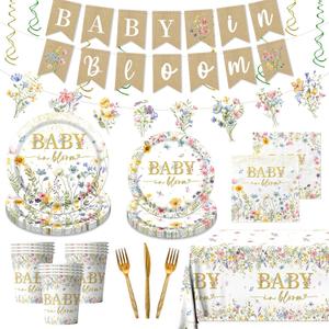 178Pcs Baby in Bloom Baby Shower Decorations-Wildflower Paper Plates and Napkins Kit Girls Floral Baby Shower Dinnerware Serves 24