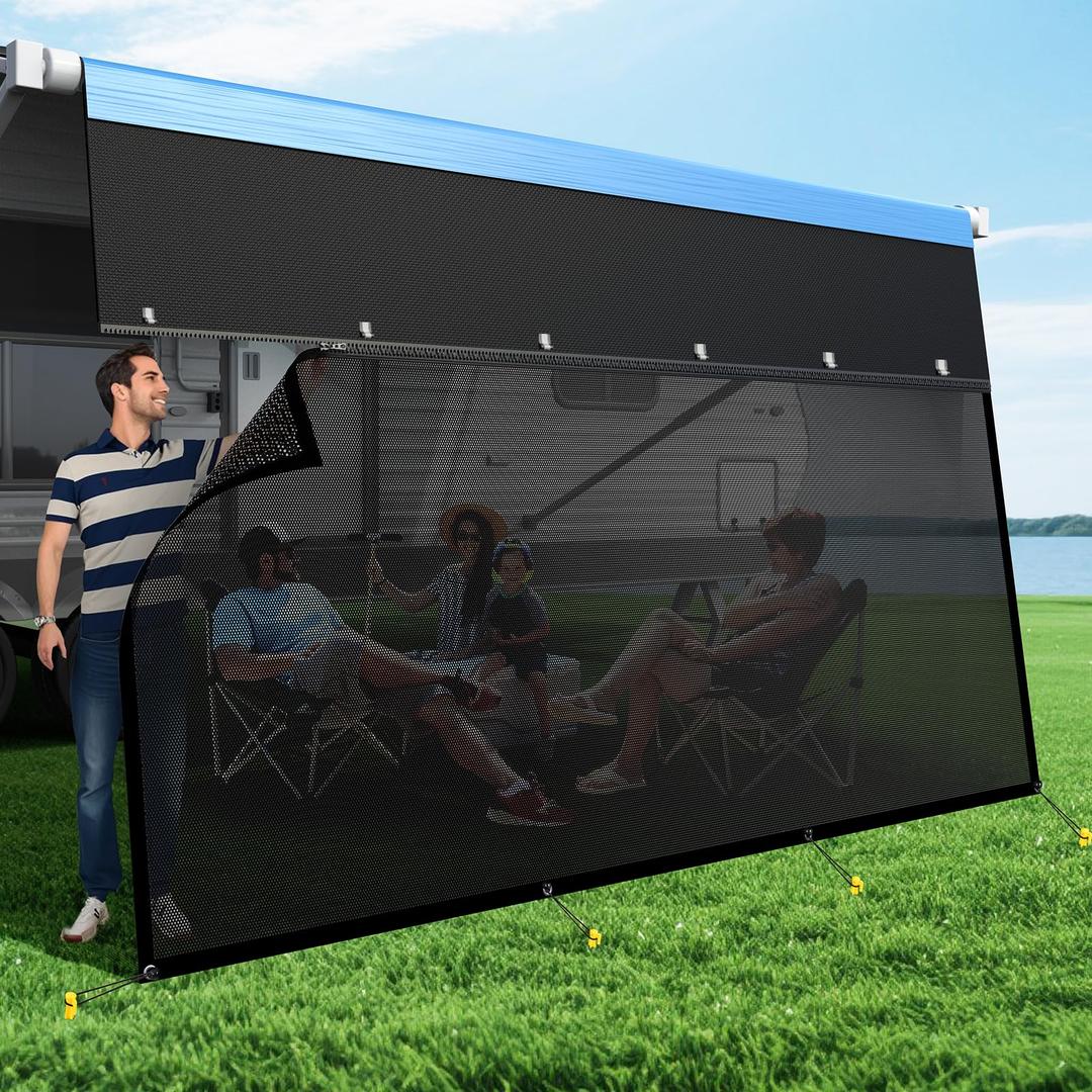 RV Awning Sun Shade Screen with Zipper, Upgrade 600D Oxford Top + 8.11oz Denser Mesh Bottom, 95% UV Protection, Easy Install Sunscreen Shade Complete Kits for Trailer Awning 9' x 19'3''