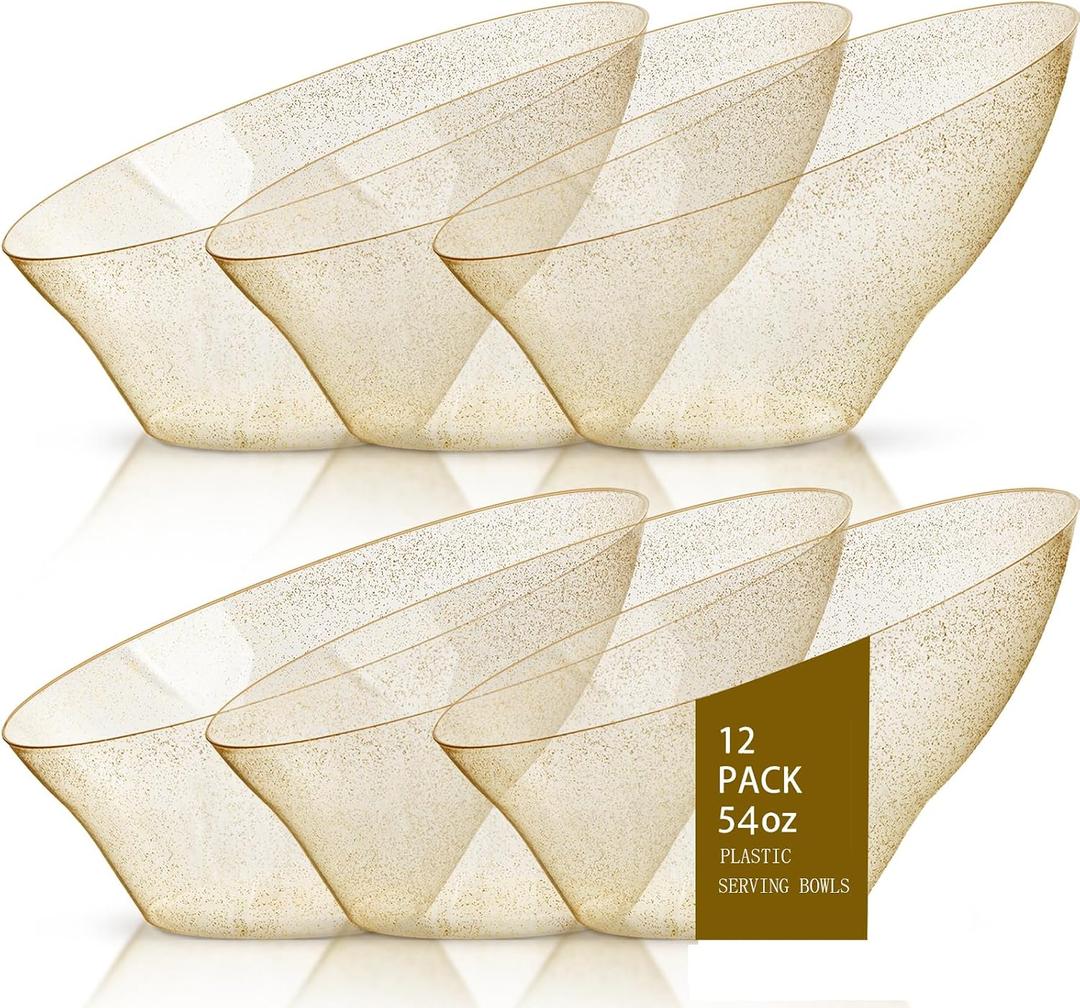 bUCLA 12 Pack Gold Glitter Plastic Serving Bowls - 54 OZ Angled Serving Bowls Disposable for Chip,Candy, Snack,Salad & Fruit - Ideal for Party, Wedding & Thanksgiving