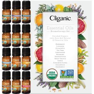 Cliganic USDA Organic Aromatherapy TOP 12 Essential Oils Set, 100% Pure - Peppermint, Lavender, Eucalyptus, Tea Tree, Lemongrass, Rosemary, Frankincense, Orange, Lemon, Cassia, Cedarwood & Grapefruit