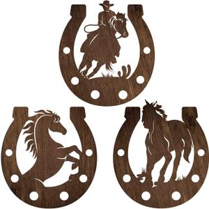 Junkin 3 Pcs Western Wall Decor Horseshoe Wood Wall Art Decor Cowboy Party Decorations Rustic Horse Shoes Decoration Hanging Western Country Cowboy Decorations for Home Bedroom Bathroom