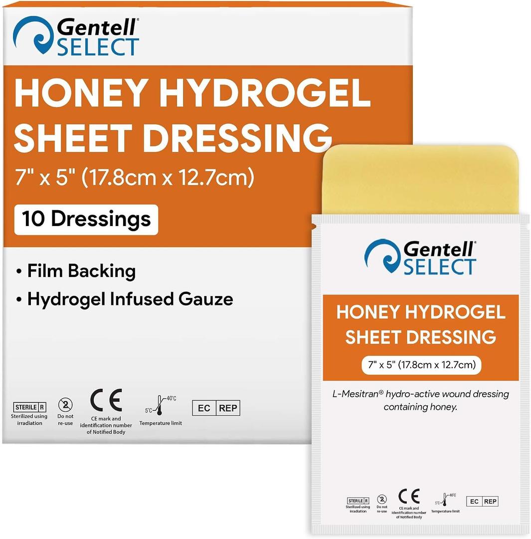 Honey Hydrogel Sheet Dressing 7"x5" - 10 Hydrogel Sheets with 30% Medical Grade Honey for Wounds - Good for Ulcers, Surgical Wounds, Donor Sites, Cuts, Abrasions, and More