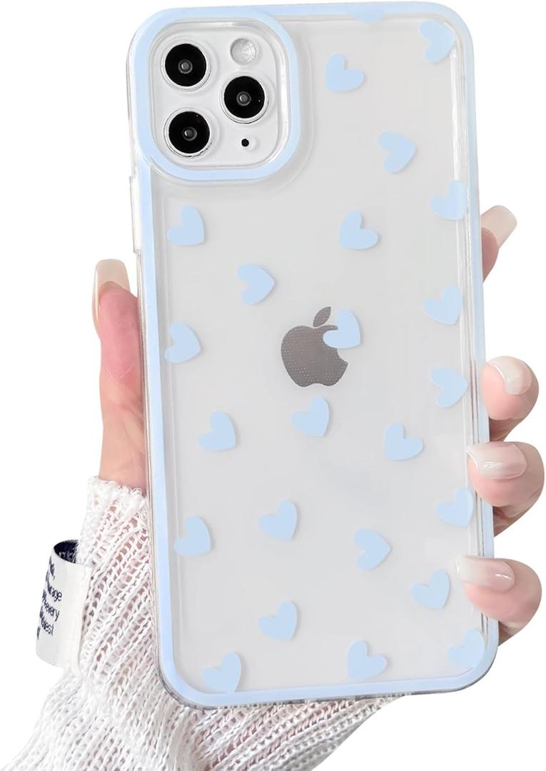 NITITOP Compatible with iPhone 11 Pro Max Case Cute Clear Blue Durable Love Heart Pattern for Girls Women Soft TPU Transparent Colourful Frame Full Camera Lens Shockproof Protective Cover - Blue