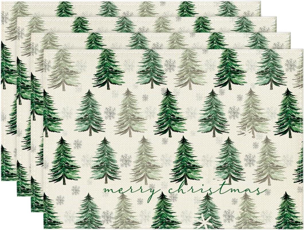 Artoid Mode Xmas Trees Snowflake Merry Christmas Placemats for Dining Table, 12 x 18 Inch Seasonal Winter Washable Table Mats Set of 4 (Green/Beige)