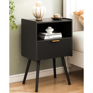 JOONEE Black Nightstand, Modern Bedside Table with Storage Drawer and Open Wood Shelf, for Living Room, Bedroom and Small Spaces, Accent Night Stand with Solid Wood Legs, Easy Assembly, Classic Black