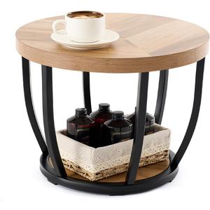 Round Coffee Table, 2-Tier Circle Wood Coffee Table with Storage Shelves, Modern Industrial Wooden Accent Center Sofa Side for Living Room, Home Office(19.7'' Dia X 17.7 H)