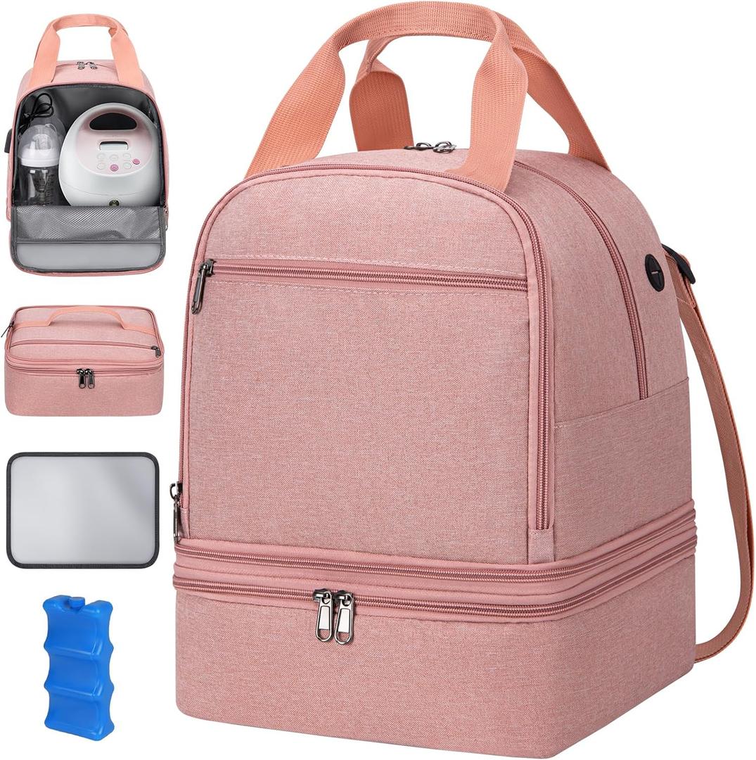 OCKLILY Pump Bag, Breast Pump Carrying Bags with Ice Pack & Waterproof Mat, Breast Pump Bag Compatible with Spectra S1 S2, Pumping Bags Milk Bottle Cooler for Work Travel Camping, Pink