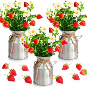 3 Sets Summer Strawberry Centerpieces for Tables Artificial Strawberry Daisy Plants with Vase and Fake Strawberries Berry Farmhouse Sweet Baby Shower Decor for Home Party Wedding Kitchen