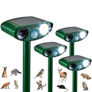 4 Pack Solar Animal Repeller for Raccoons, Deer & Squirrels  Ultrasonic & Strobe Light, Outdoor Deterrent for Cats, Dogs, Raccoons, Rabbits, Skunks, Foxes & More
