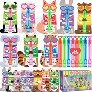 2 x LEASEN 32 Pack Mini Bubble Wands with Valentines Animal Themes Greeting Cards for Kids, Valentine's Day Gifts Classroom Exchange Gift Set, School Prizes Party Favor