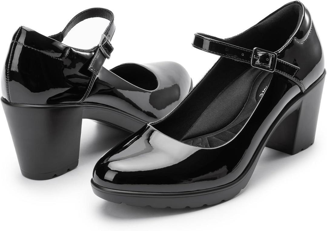 Mary Jane Heels with Arch Support, Closed Round Toe Chunky Pumps for Women, Comfortable Block Heel Dress Shoes (5, Black Patent)