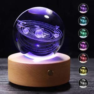 3D Solar System Crystal Ball with Wood Base, Engraved Universe Planet Sphere, Kid Education Decorative Glass Ball, Decor Creative Gift
