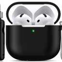 RFUNGUANGO for AirPods 4 Case with Cleaner Kit, Earphone Anti-Lost Strap and Keychain, Soft Silicone Protective Cover for Apple AirPods 4th Generation Case, Support Wireless Charging, Black
