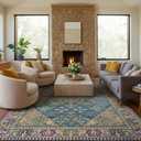 8x10 Area Rugs for Living Room, Machine Washable Low Pile Rug, Non Slip Backing Boho Rugs for Bedroom, Printed Soft Vintage Carpet Teal Green Purple 8 x 10 (Teal/Harvest Gold/Violet/Azure)