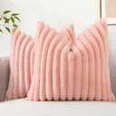decorUhome Cozy Faux Fur Throw Pillow Covers 18x18 Set of 2 Decorative Plush Striped Modern Farmhouse Boho Couch Pillow Cases with Velvet Back for Sofa Bed Living Room Valentines, Blush Pink