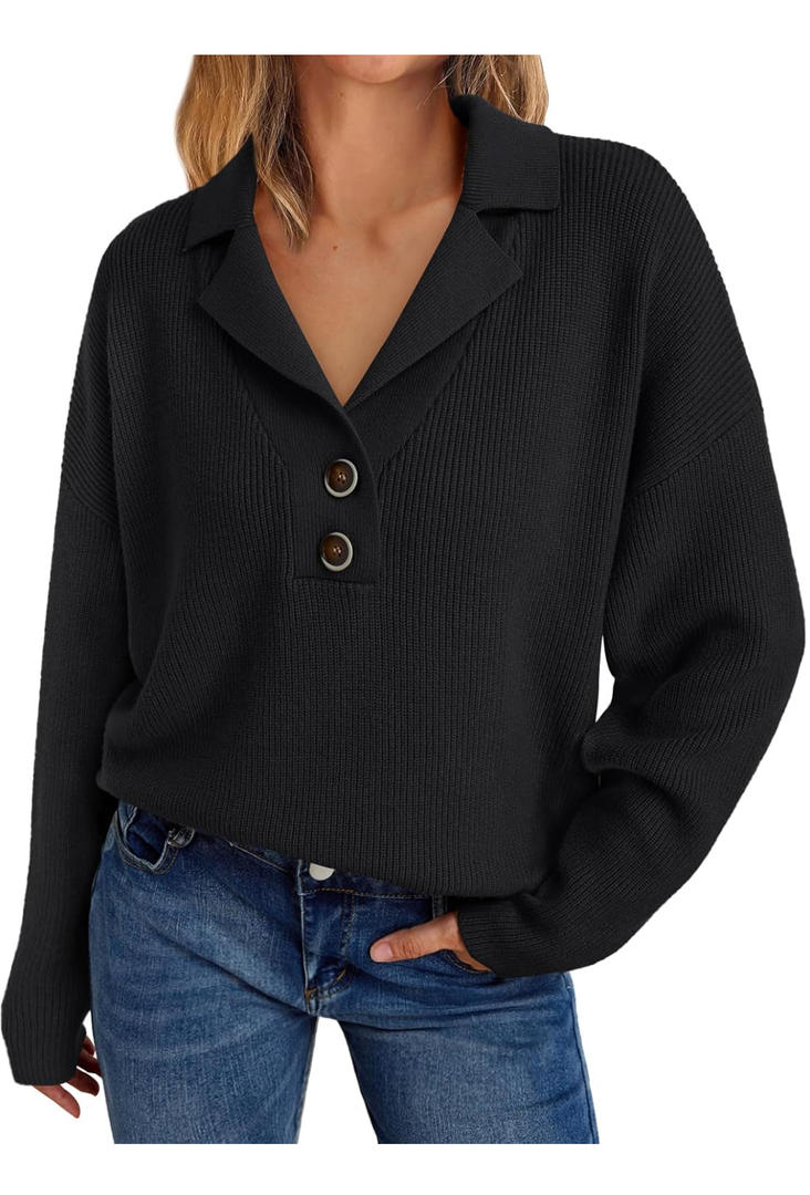 LILLUSORY Womens V Neck Pullover Sweaters Casual Cable Knit Chunky Warm Cute Tops with Collar Polo, size Small, Black
