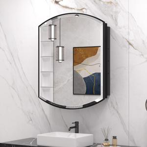 Keonjinn Black Medicine Cabinet with Mirror 24 x 30, Metal Framed Wall Cabinet with Beveled Mirror, Surface Mount or Recessed Medicine Cabinet for Bathroom, Bathroom Mirror with Storage