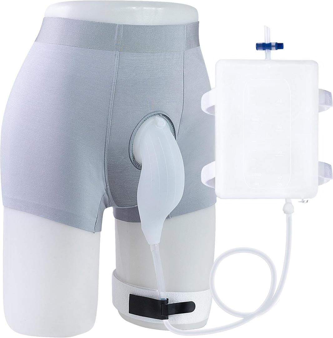 External Catheter for Men, Detachable 1000mL Silicone Urine Bag, Wearable Male Incontinence Collector with Trimmable Tube & Anti-Slip Straps for Daytime, Driving and Seated Use