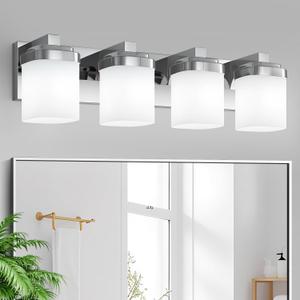 4-Light Chrome Bathroom Light Fixtures, Vanity Lights for Bathroom Mirror Lamp with Milky White Square Glass Shade, E26 Base Modern Wall Sconce Kitchen Light Fixtures Led Vanity