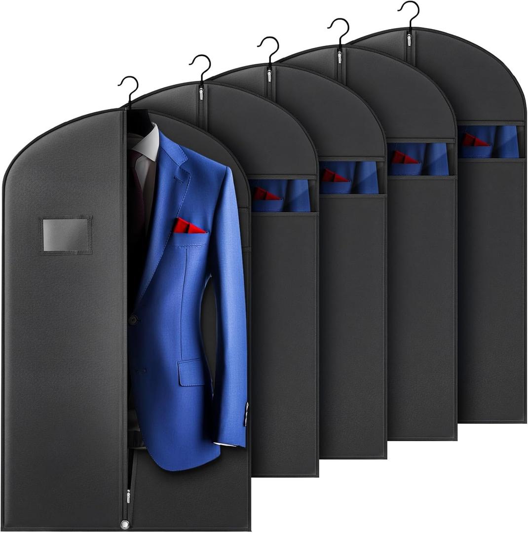 Hleelomi 5 Pack 40inch Suit Bag Garment Bag for Travel and Storage, Garment Bags for Hanging Clothes with Zipper and Visible Transparent Window, Black