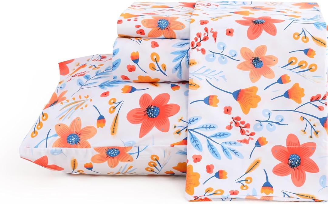 JSD Floral Printed Sheet Set Queen Size, 4 Piece Flower Pattern Microfiber Bed Sheets Deep Pocket (Blue Orange Floral)