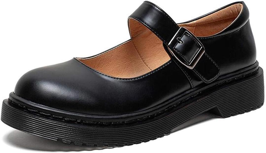 YDN Women Classic Round Closed Toe Mary Jane Flats Platform Adjustable Single Ankle Strap Buckle Comfy Cute Pump Leather Patry Cosplay Girls Dress Shoe Size 4-16 (12, Black)