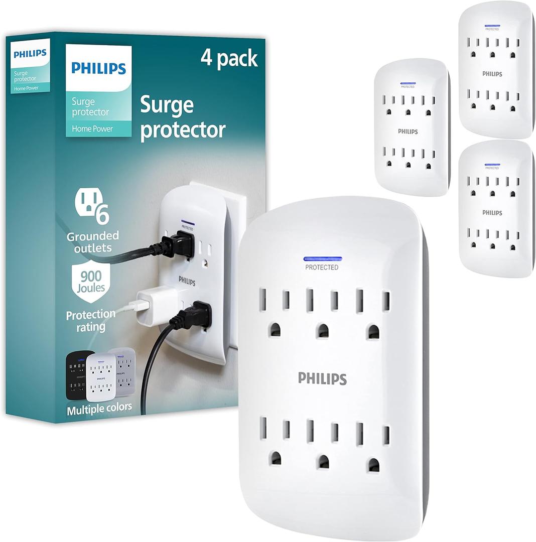 Philips 6-Outlet Extender Surge Protector, 900 Joules, 3 Prong, Space-Saving Design, Protected Indicator LED Light, 4 Pack, White, SPP3469WA/37